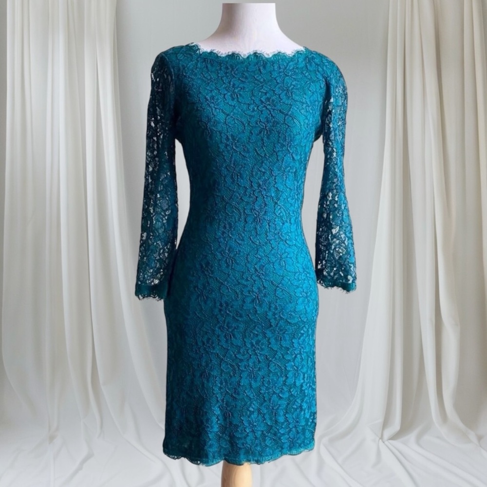 Diane Von Furstenberg Zarita Lace Overlay Dress Teal 3/4 Sleeve Size 2 DVF